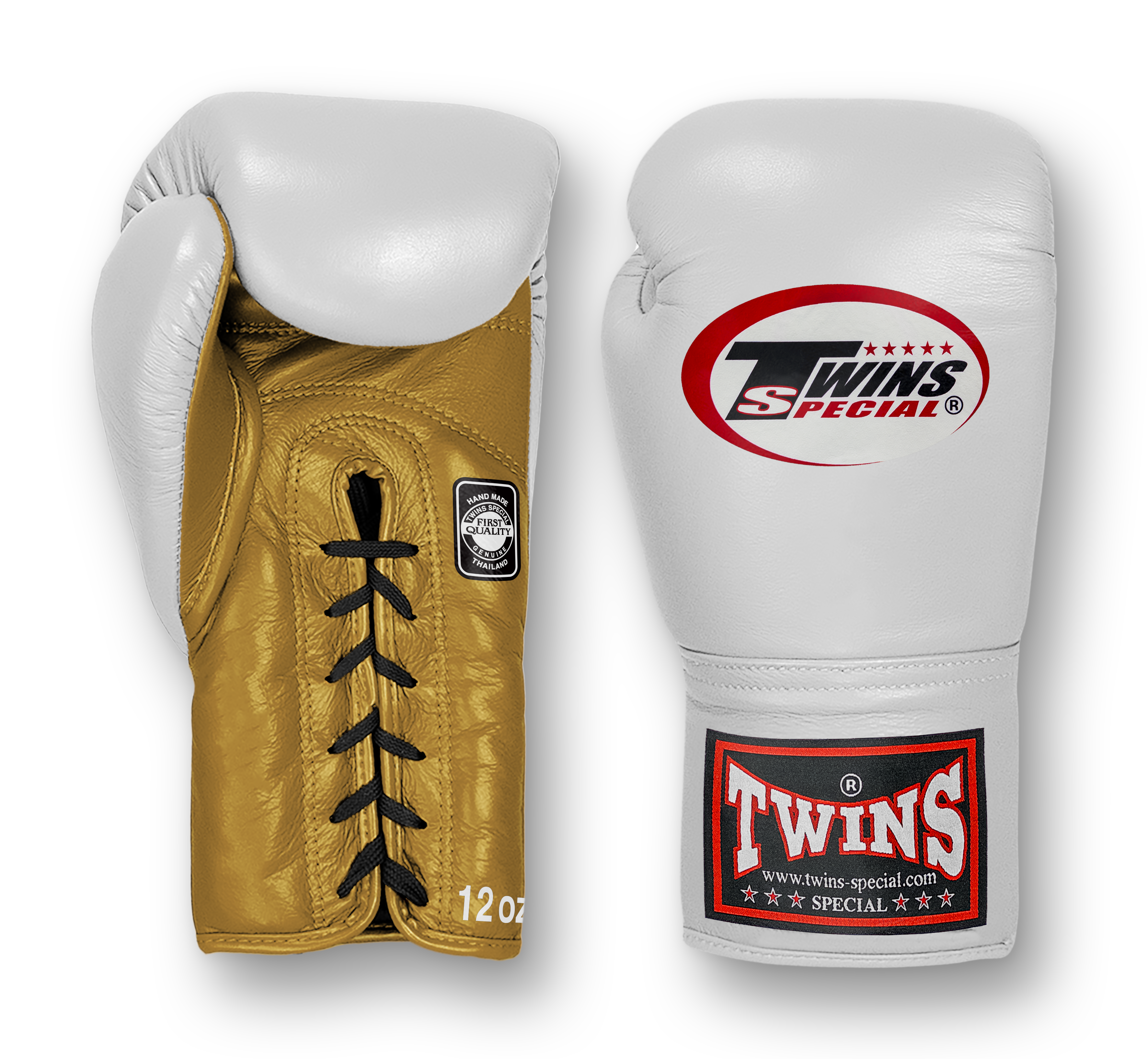 TWINS Boxing Gloves- Dual Bold Colors- Premium Leather w/ Laceup- White Fist- Black, White, Gold, Silver and Grey