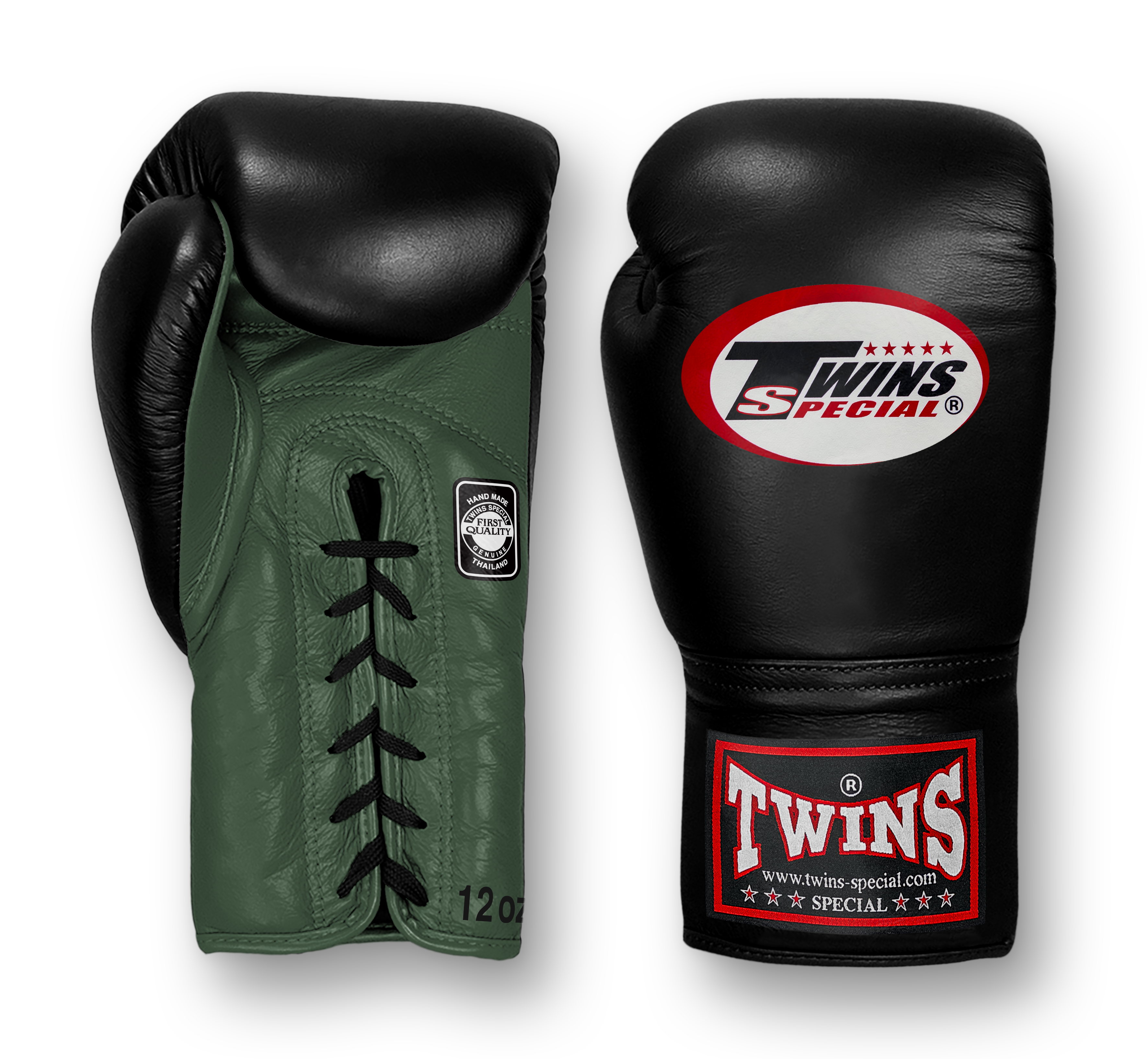 TWINS Boxing Gloves- Dual Bold Colors- Premium Leather w/ Laceup- Black Fist- Olive Green, Bright Yellow, Pastel Pink, Pastel Blue Palm