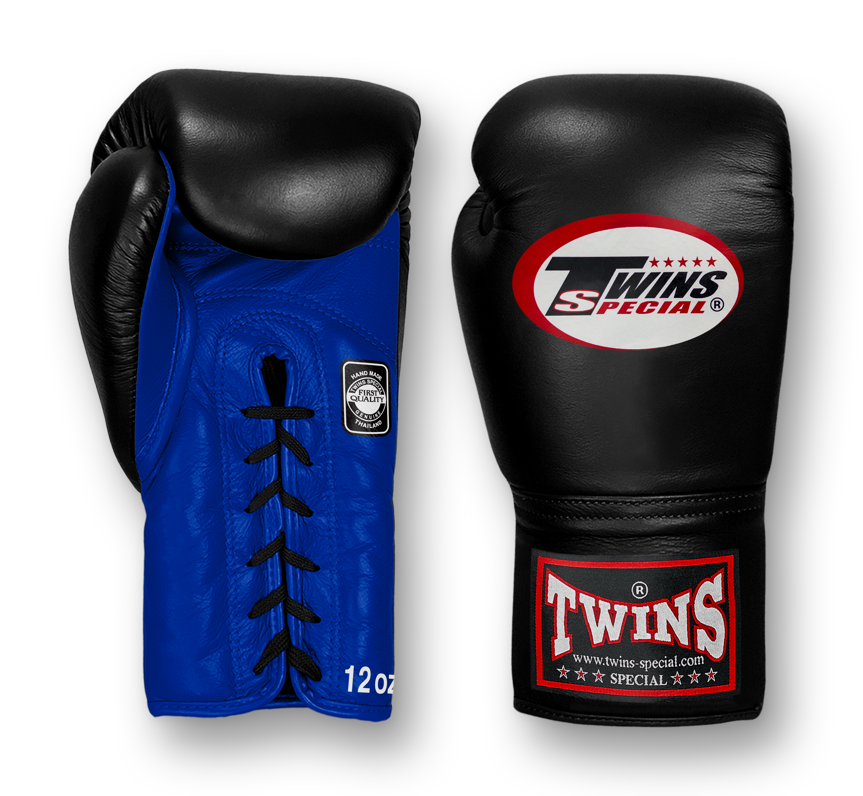 TWINS Boxing Gloves- Dual Bold Colors- Premium Leather w/ Laceup- Black Fist- Navy, Gold, Silver, Grey