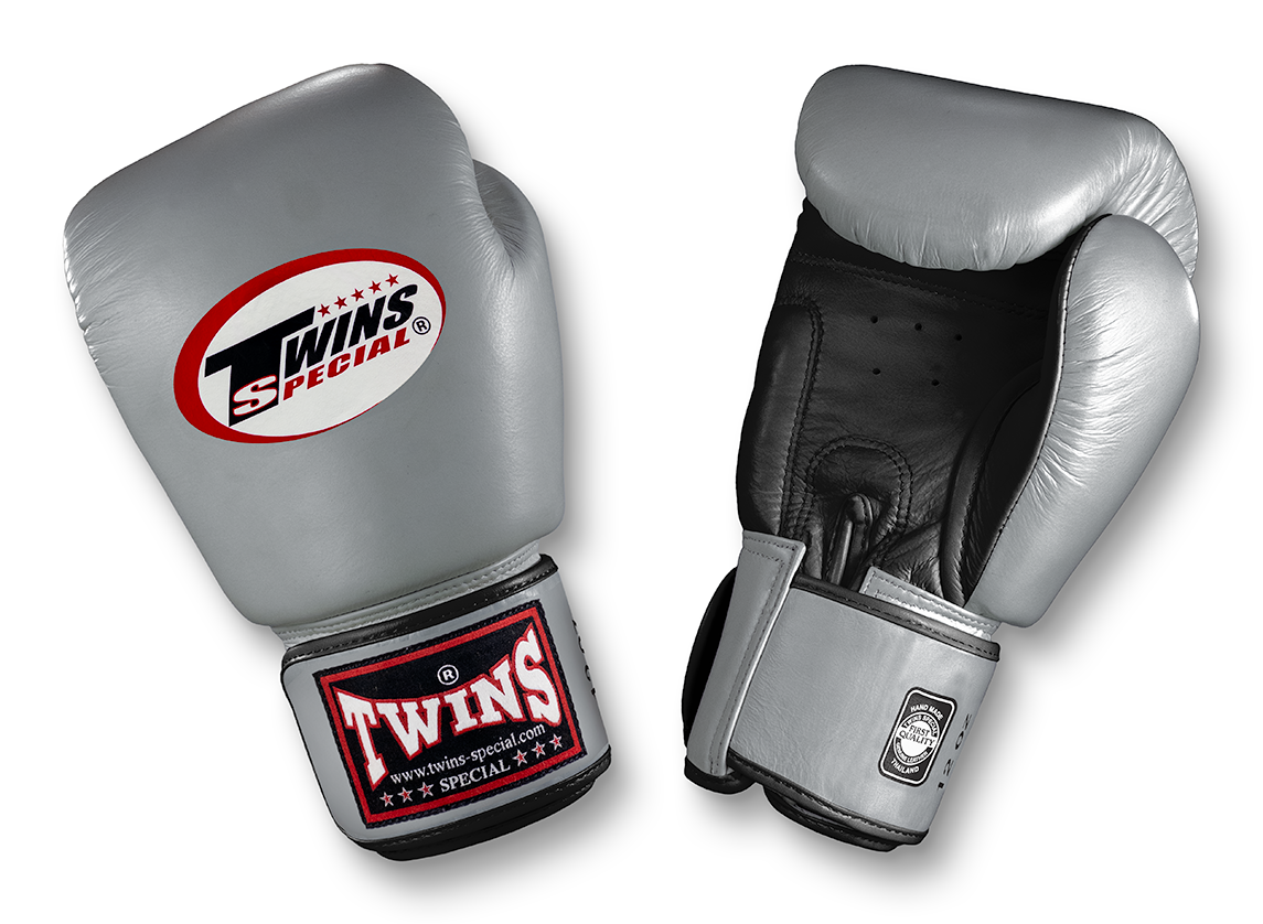 TWINS Boxing Gloves- Dual Color- Premium Leather w/ Velcro - Black Fist, Silver, Gold, White Palm