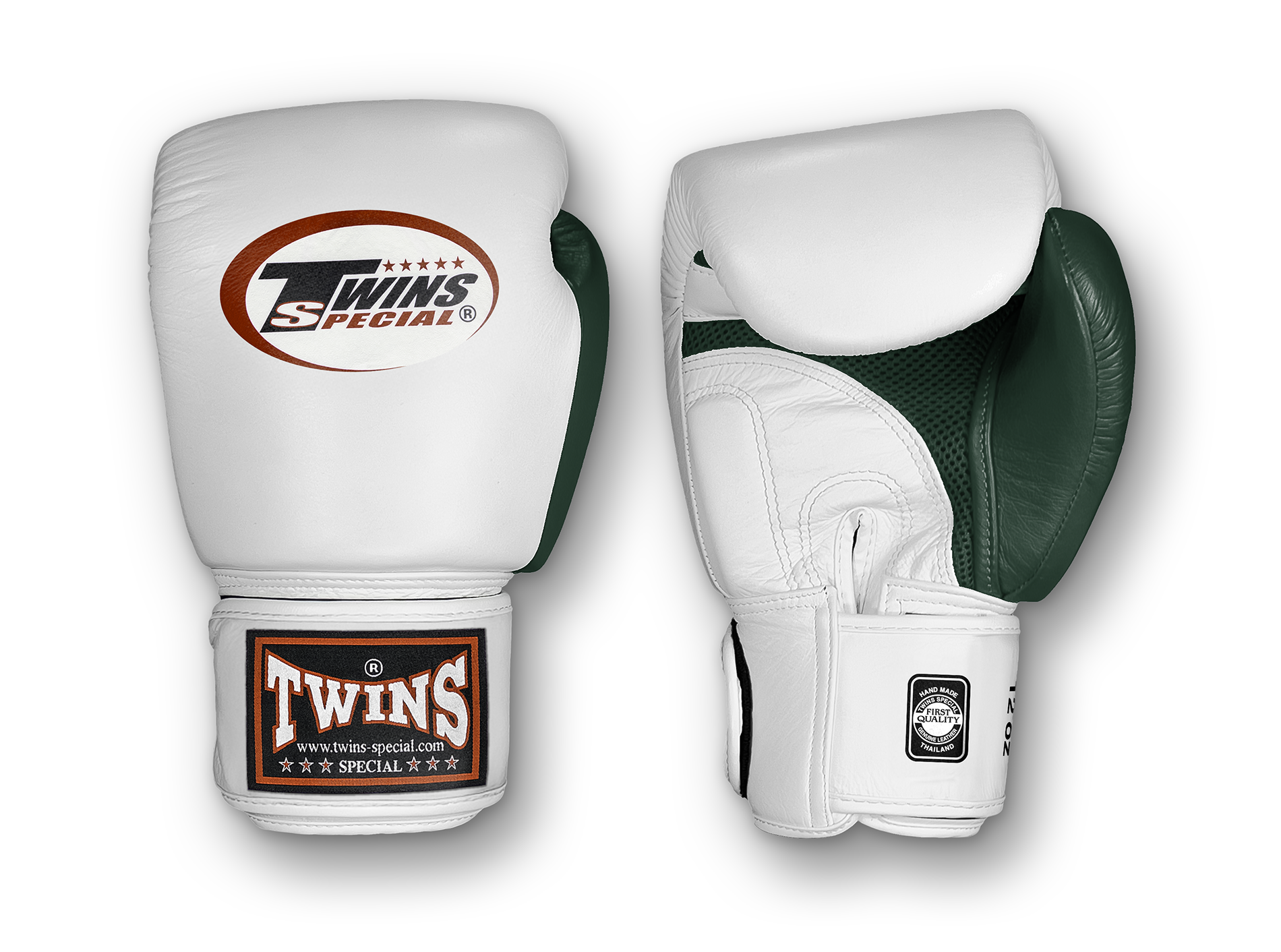 TWINS Boxing Gloves Air Velcro- Premium Leather - White and Green