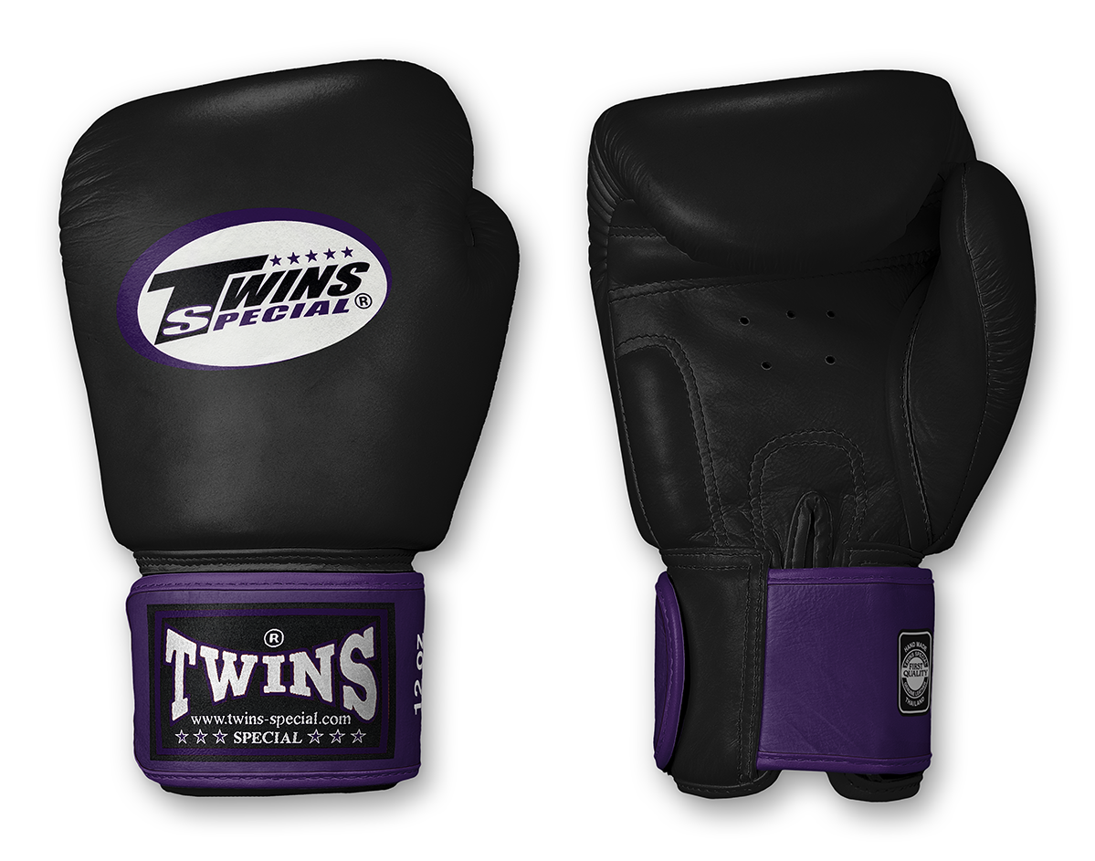 TWINS Boxing Gloves- Dual Color- 2025 Special Edition- Dark Colors- Premium Leather w/ Velcro - Black Fist, Purple, Blue, Green, Red Wrist
