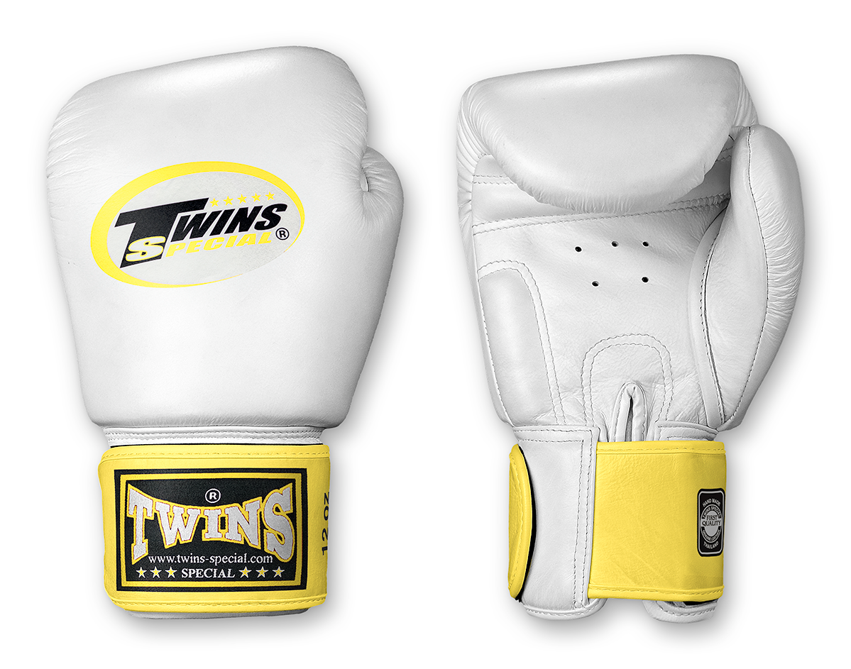 TWINS Boxing Gloves- Dual Color- 2025 Special Edition- Bright Colors- Premium Leather w/ Velcro - White Fist, Pink, Orange, Light Blue, Yellow Wrist