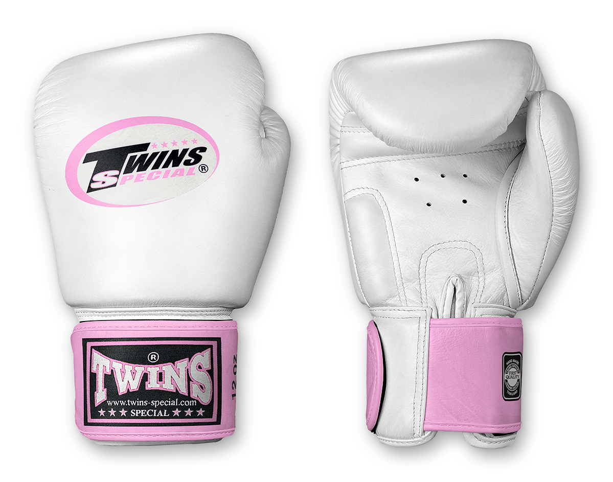 TWINS Boxing Gloves- Dual Color- 2025 Special Edition- Bright Colors- Premium Leather w/ Velcro - White Fist, Pink, Orange, Light Blue, Yellow Wrist