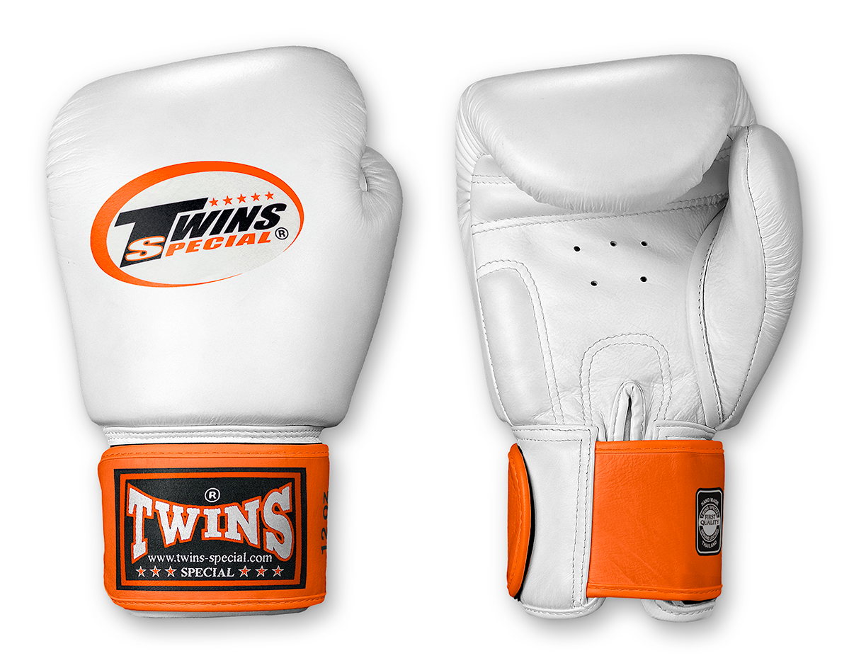 TWINS Boxing Gloves- Dual Color- 2025 Special Edition- Bright Colors- Premium Leather w/ Velcro - White Fist, Pink, Orange, Light Blue, Yellow Wrist