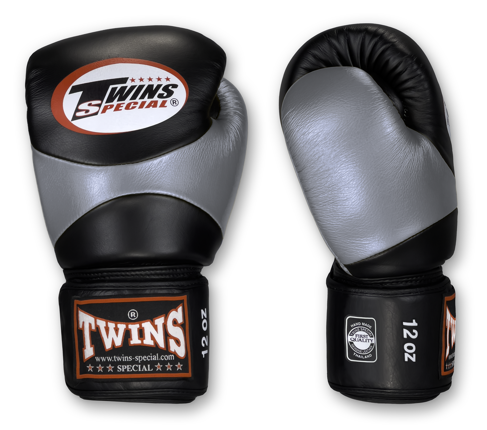 TWINS Boxing Gloves - Dual Color - Velcro - 7 - Black, Silver, Gold