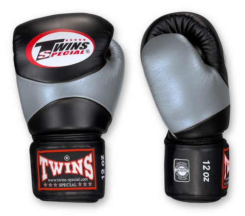 TWINS Boxing Gloves - Dual Color - Velcro - 7 - Black, Silver, Gold