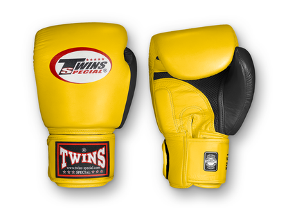 TWINS Boxing Gloves Air Velcro- Premium Leather - Black and Orange, Yellow, Light Blue, Pink, Olive