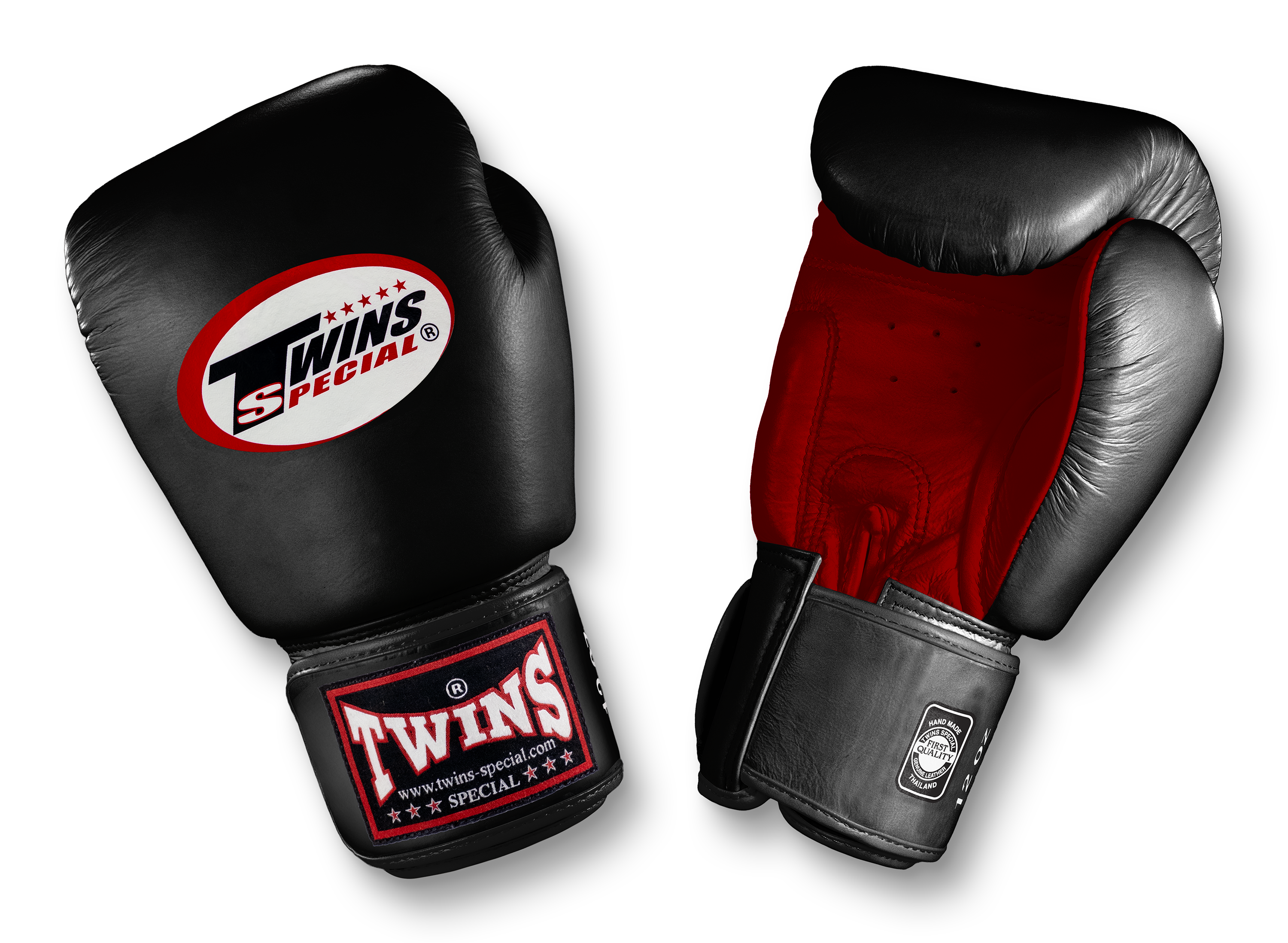 TWINS Boxing Gloves- Dual Color- Premium Leather w/ Velcro - Black Fist, Yellow, Red Palm