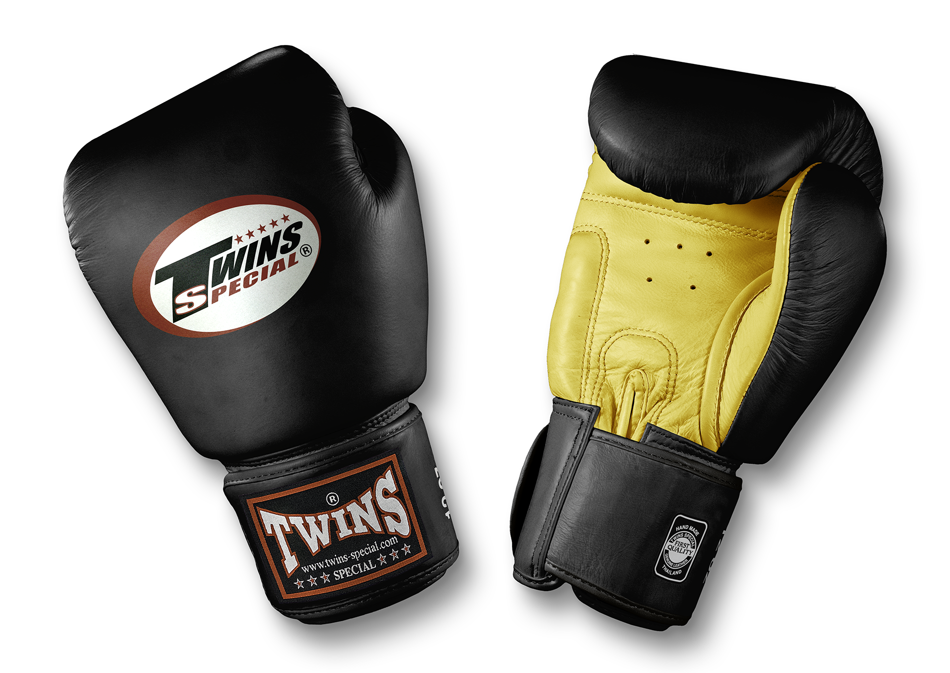 TWINS Boxing Gloves- Dual Color- Premium Leather w/ Velcro - Black Fist, Yellow, Red Palm