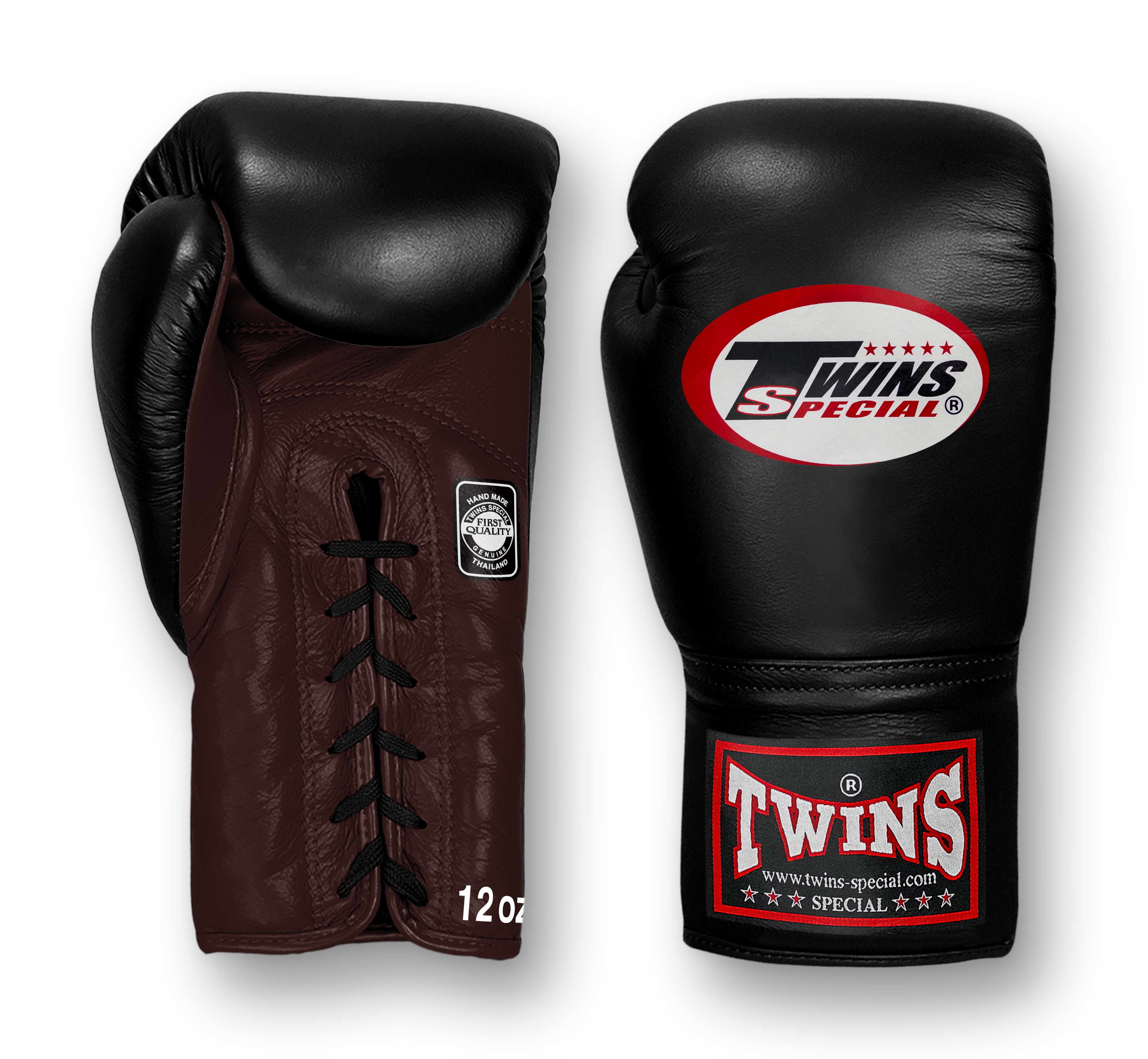 TWINS Boxing Gloves- Dual Bold Colors- Premium Leather w/ Laceup- Black Fist- Dark Brown, Dark-Green, Maroon, Purple