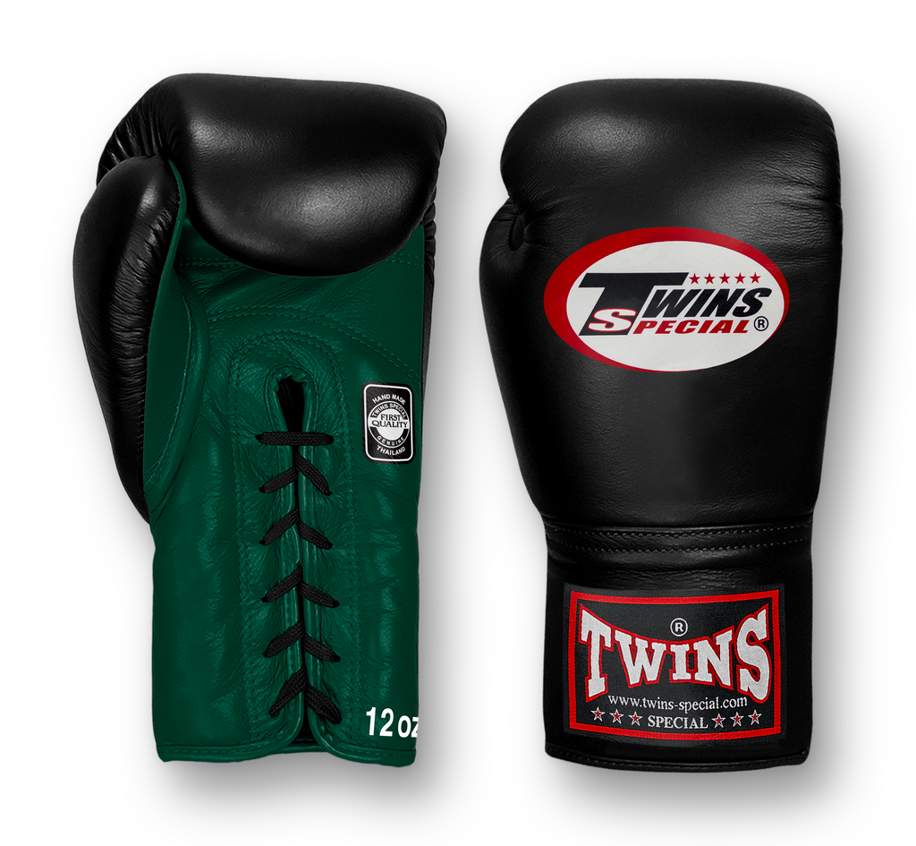 TWINS Boxing Gloves- Dual Bold Colors- Premium Leather w/ Laceup- Black Fist- Dark Brown, Dark-Green, Maroon, Purple