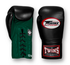 TWINS Boxing Gloves- Dual Bold Colors- Premium Leather w/ Laceup- Black Fist- Dark Brown, Dark-Green, Maroon, Purple