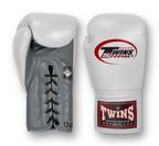 TWINS Boxing Gloves- Dual Bold Colors- Premium Leather w/ Laceup- White Fist- Black, White, Gold, Silver and Grey