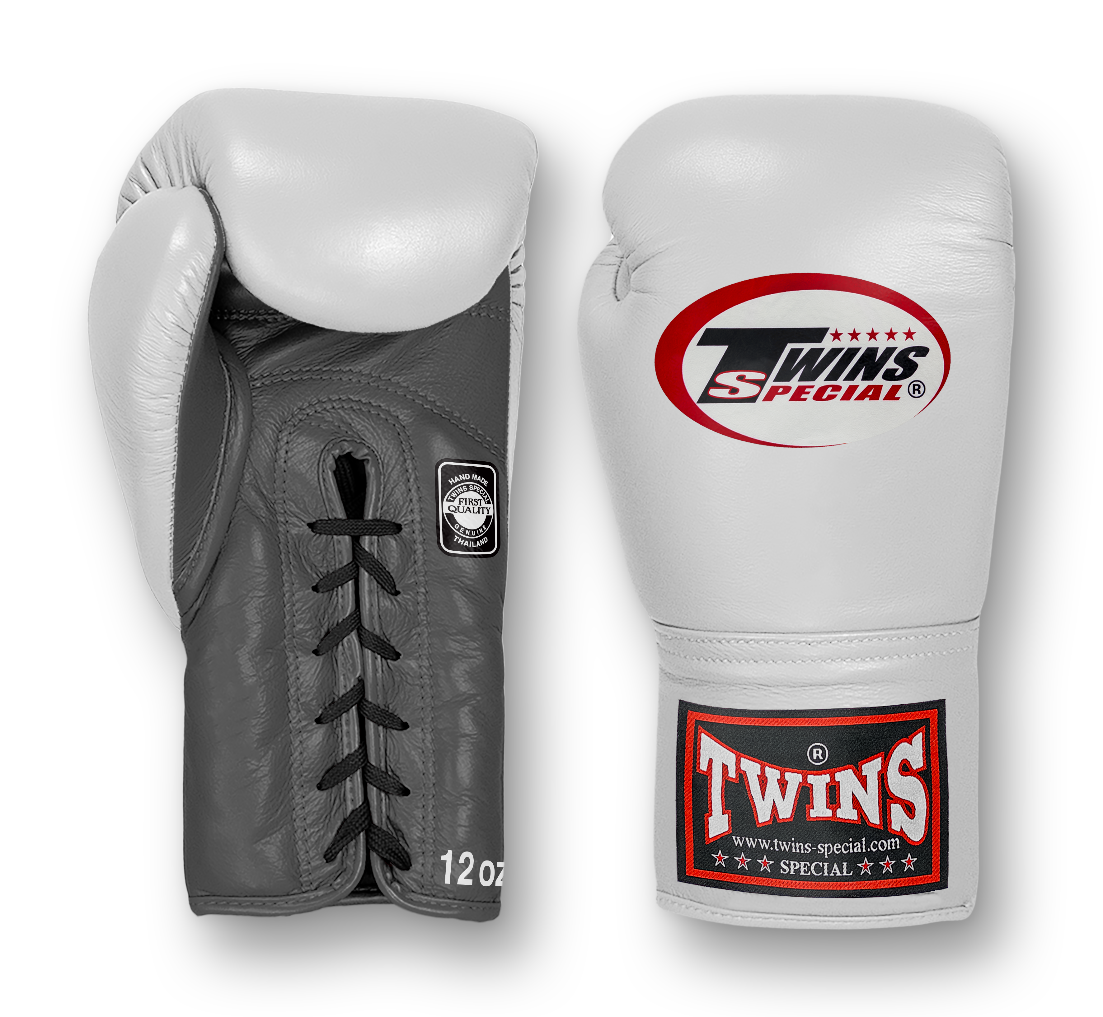 TWINS Boxing Gloves- Dual Bold Colors- Premium Leather w/ Laceup- White Fist- Black, White, Gold, Silver and Grey