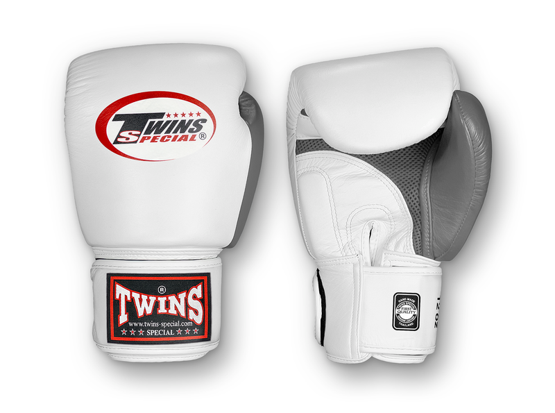 TWINS Boxing Gloves Air Velcro- Premium Leather - White and Dark-Green