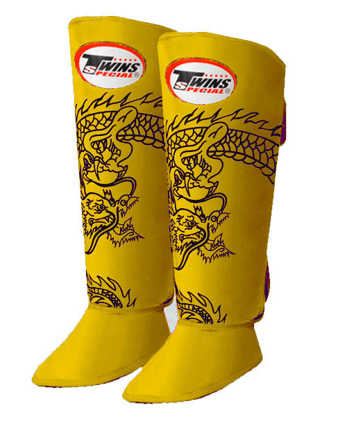 TWINS Dragon Shin Guards- Premium Leather- Light Colors - Yellow. Light Blue