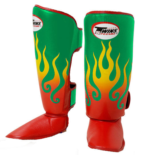 TWINS Fire Flame Shin Guards- Premium Leatherr- Bold Colors- Blue, Purple, Green