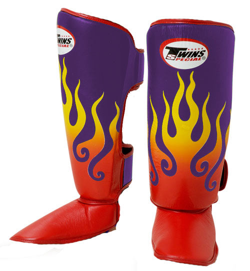 TWINS Fire Flame Shin Guards- Premium Leatherr- Bold Colors- Blue, Purple, Green