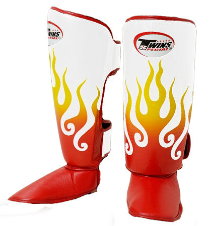 TWINS Fire Flame Shin Guards- Premium Leather- Classic Tones - White, Black