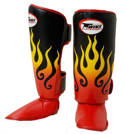 TWINS Fire Flame Shin Guards- Premium Leather- Classic Tones - White, Black