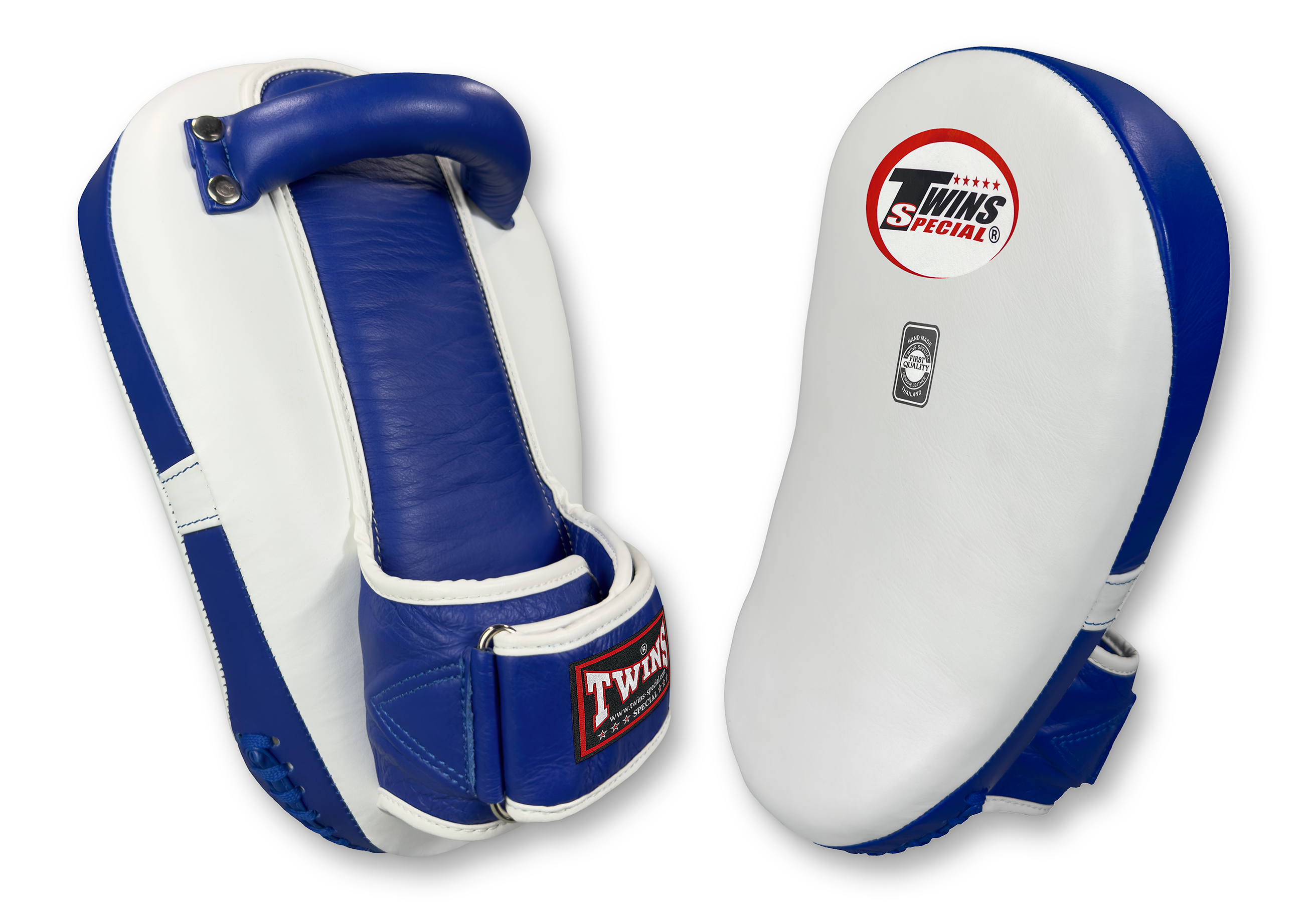Curved TWINS Thai Pads - TWINS Muay Thai, Kicking, Martial Arts & MMA - White - Blue