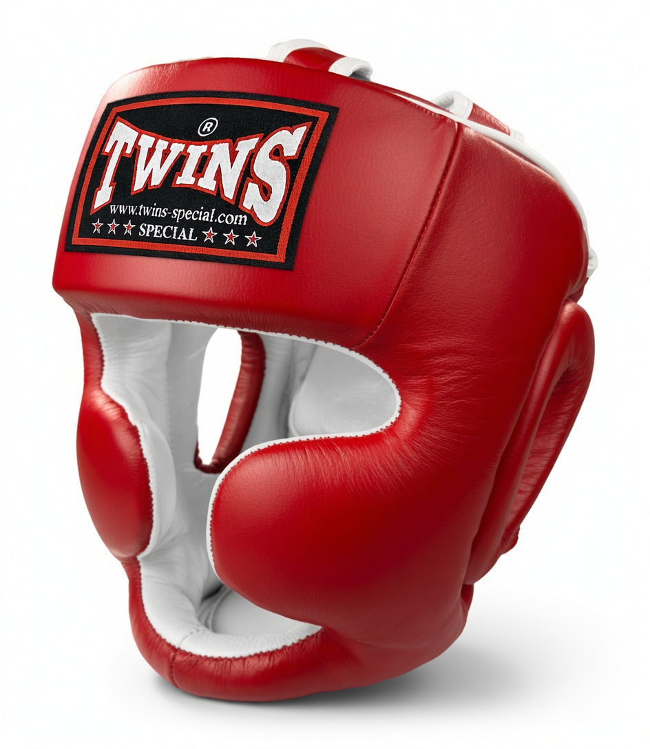 TWINS Full Face Head Gear- Premium Leather w/ Lace Up - Red