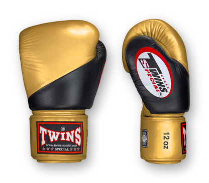 TWINS Boxing Gloves - Angle Color - Velcro - 8 - Black with Gold, Silver, Brown, Dark Brown, White
