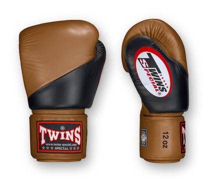 TWINS Boxing Gloves - Angle Color - Velcro - 8 - Black with Gold, Silver, Brown, Dark Brown, White