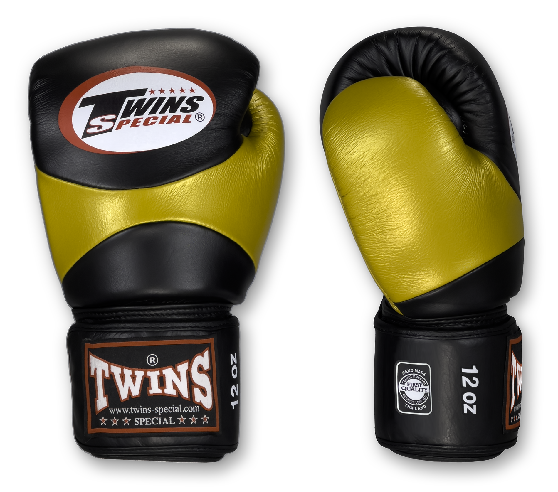 TWINS Boxing Gloves - Dual Color - Velcro - 7 - Black, Silver, Gold