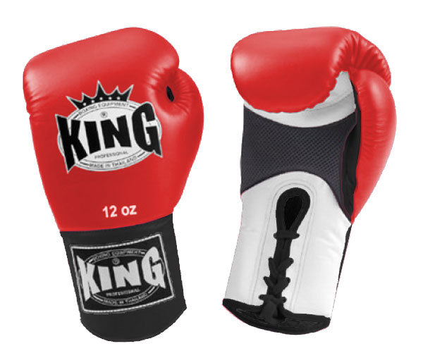 KING Triple Color Boxing Gloves- Air Laceup - Red Fist, White Palm Blue Yellow Black Wrist