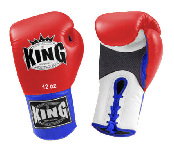 KING Triple Color Boxing Gloves- Air Laceup - Red Fist, White Palm Blue Yellow Black Wrist