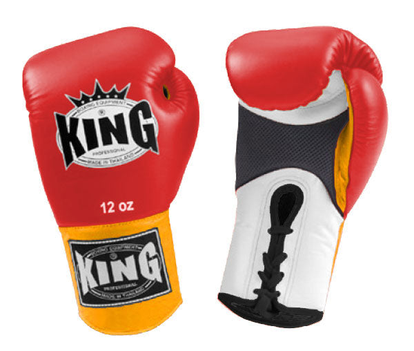 KING Triple Color Boxing Gloves- Air Laceup - Red Fist, White Palm Blue Yellow Black Wrist