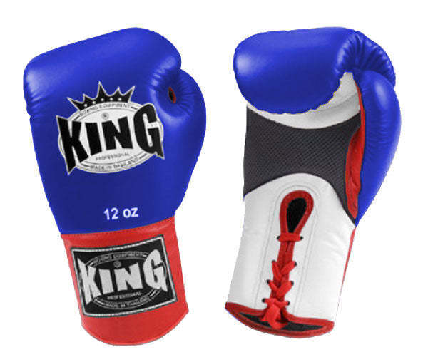 KING Triple Color Boxing Gloves- Air Laceup - Blue Fist, White Palm Black Red Yellow Wrist