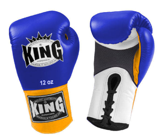 KING Triple Color Boxing Gloves- Air Laceup - Blue Fist, White Palm Black Red Yellow Wrist