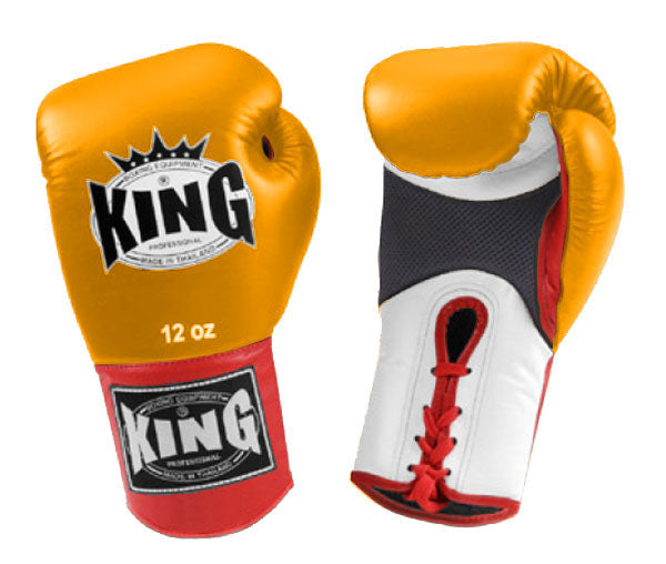 KING Triple Color Boxing Gloves- Air Laceup - Yellow Fist, White Palm Blue Black Red Wrist