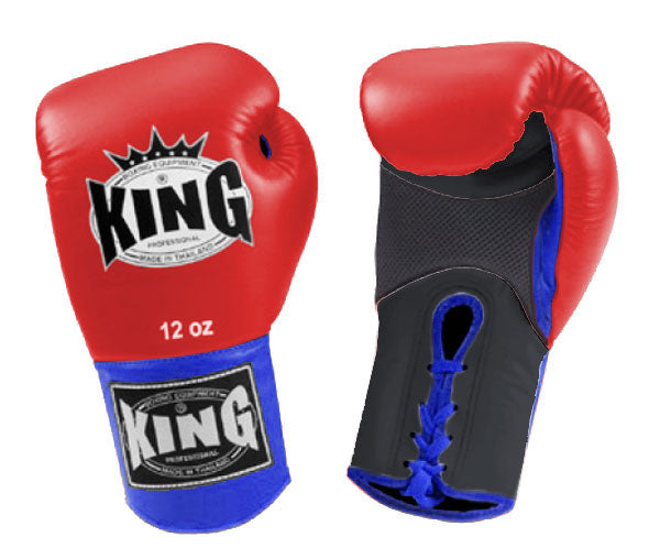 KING Triple Color Boxing Gloves- Air Laceup - Red Fist, Black Palm White Yellow Blue Wrist