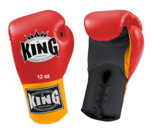 KING Triple Color Boxing Gloves- Air Laceup - Red Fist, Black Palm White Yellow Blue Wrist