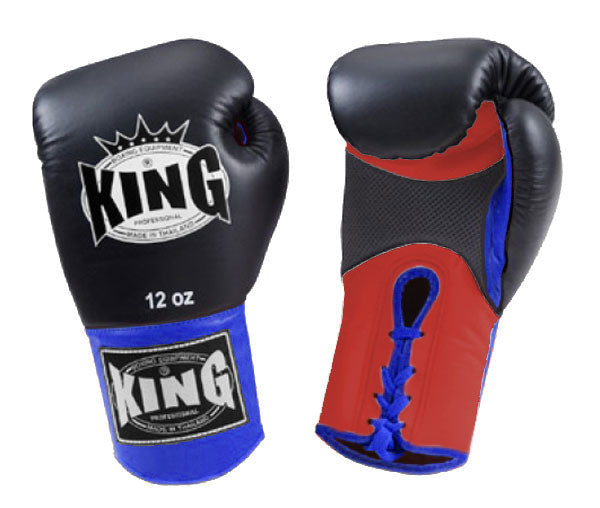 KING Triple Color Boxing Gloves- Air Laceup - Black Fist, Red Palm Blue White Yellow Wrist