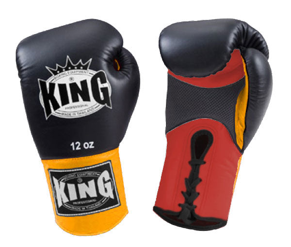 KING Triple Color Boxing Gloves- Air Laceup - Black Fist, Red Palm Blue White Yellow Wrist