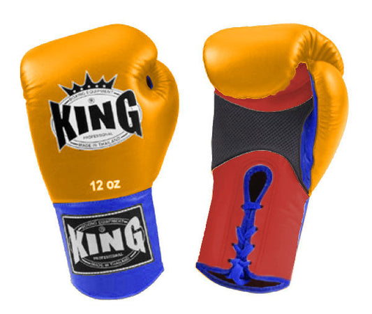 KING Triple Color Boxing Gloves- Air Laceup - Yellow Fist, Red Palm Blue Black White Wrist