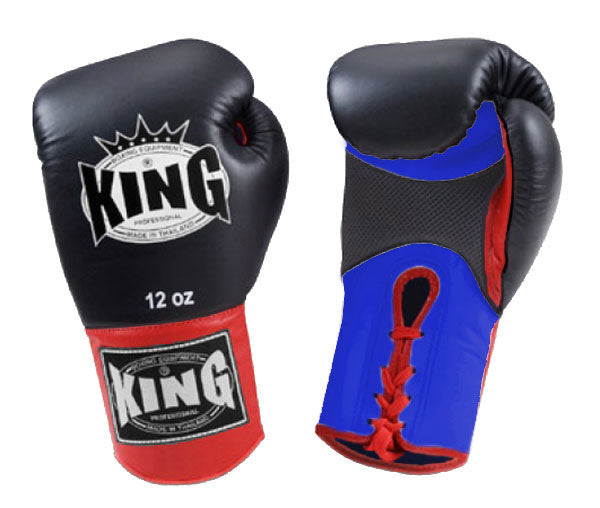 KING Triple Color Boxing Gloves- Air Laceup - Black Fist, Blue Palm Red White Yellow Wrist