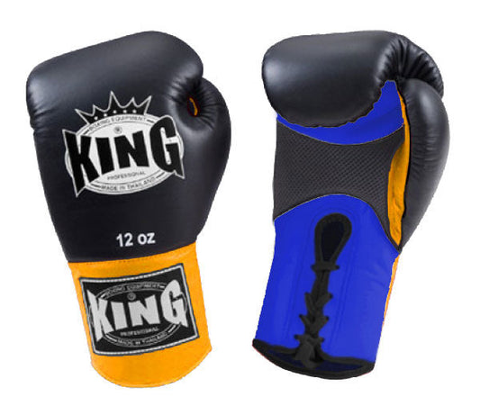 KING Triple Color Boxing Gloves- Air Laceup - Black Fist, Blue Palm Red White Yellow Wrist