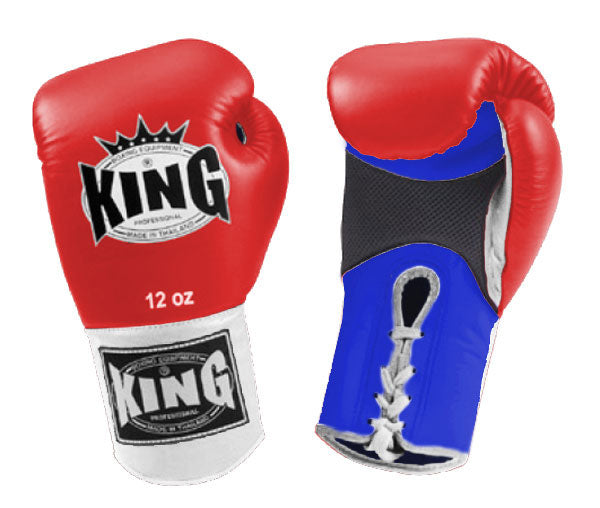 KING Triple Color Boxing Gloves- Air Laceup - Red Fist, Blue Palm White Yellow Black Wrist