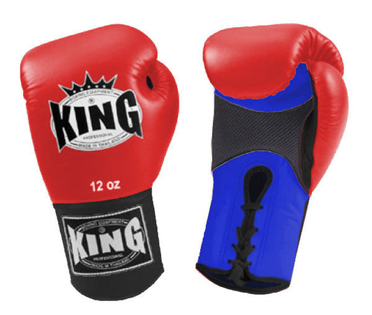 KING Triple Color Boxing Gloves- Air Laceup - Red Fist, Blue Palm White Yellow Black Wrist