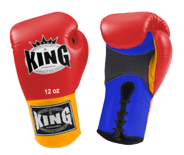 KING Triple Color Boxing Gloves- Air Laceup - Red Fist, Blue Palm White Yellow Black Wrist