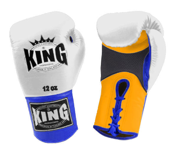 KING Triple Color Boxing Gloves- Air Laceup - White Fist, Yellow Palm Blue Red Black Wrist