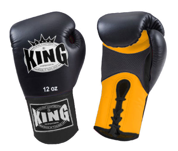 KING Dual Color Boxing Gloves- Air Laceup - Black Fist & Wrist, Yellow Blue White Red Palm