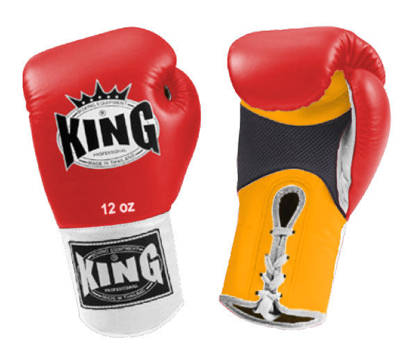 KING Triple Color Boxing Gloves- Air Laceup - Red Fist, Yellow Palm Blue White Black Wrist