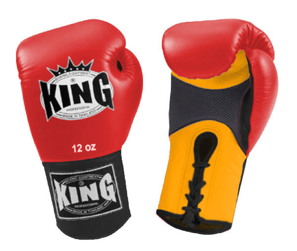 KING Triple Color Boxing Gloves- Air Laceup - Red Fist, Yellow Palm Blue White Black Wrist